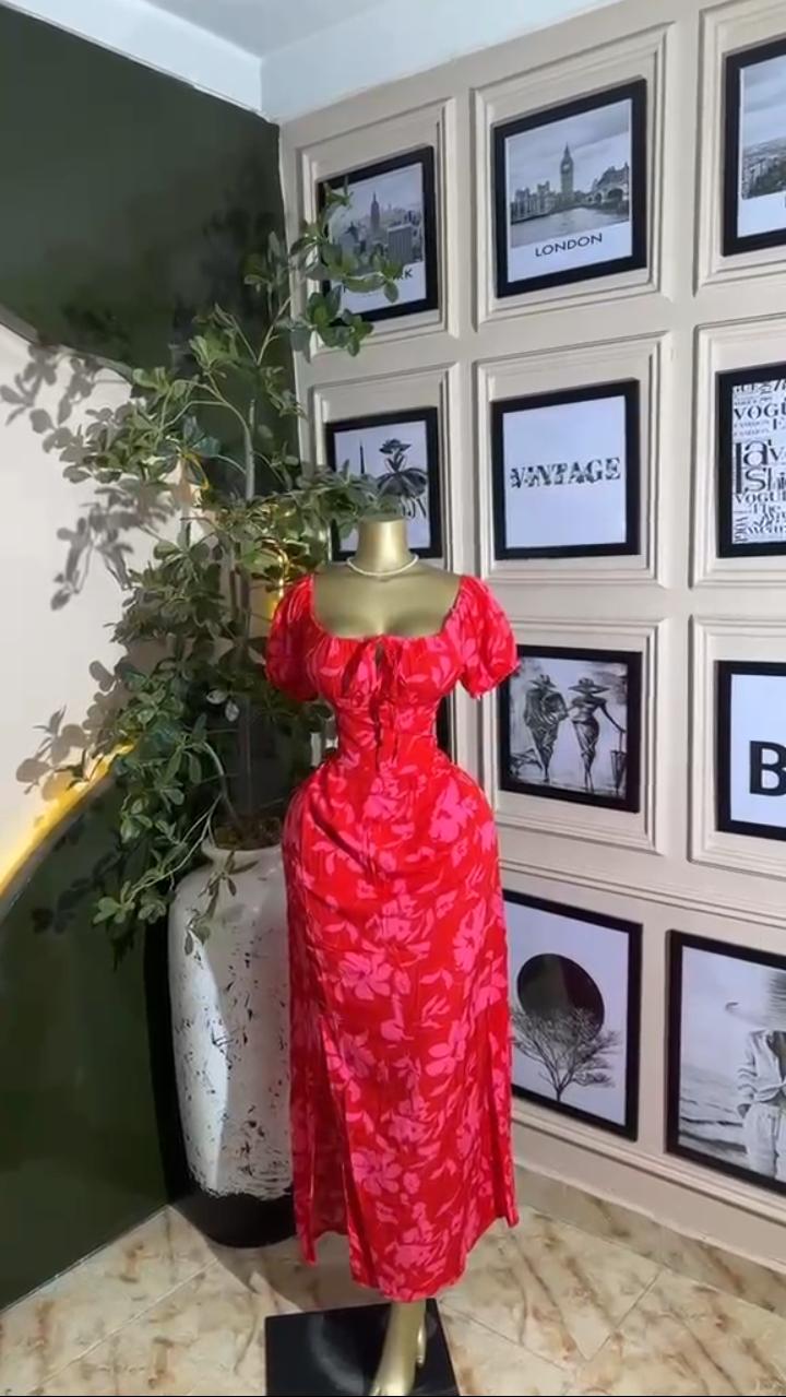 Red Floral Puff Maxi
