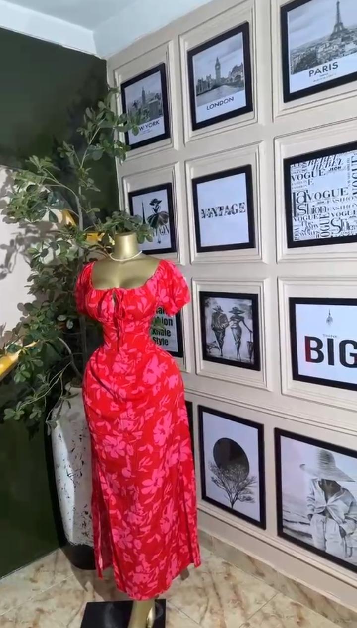 Red Floral Puff Maxi