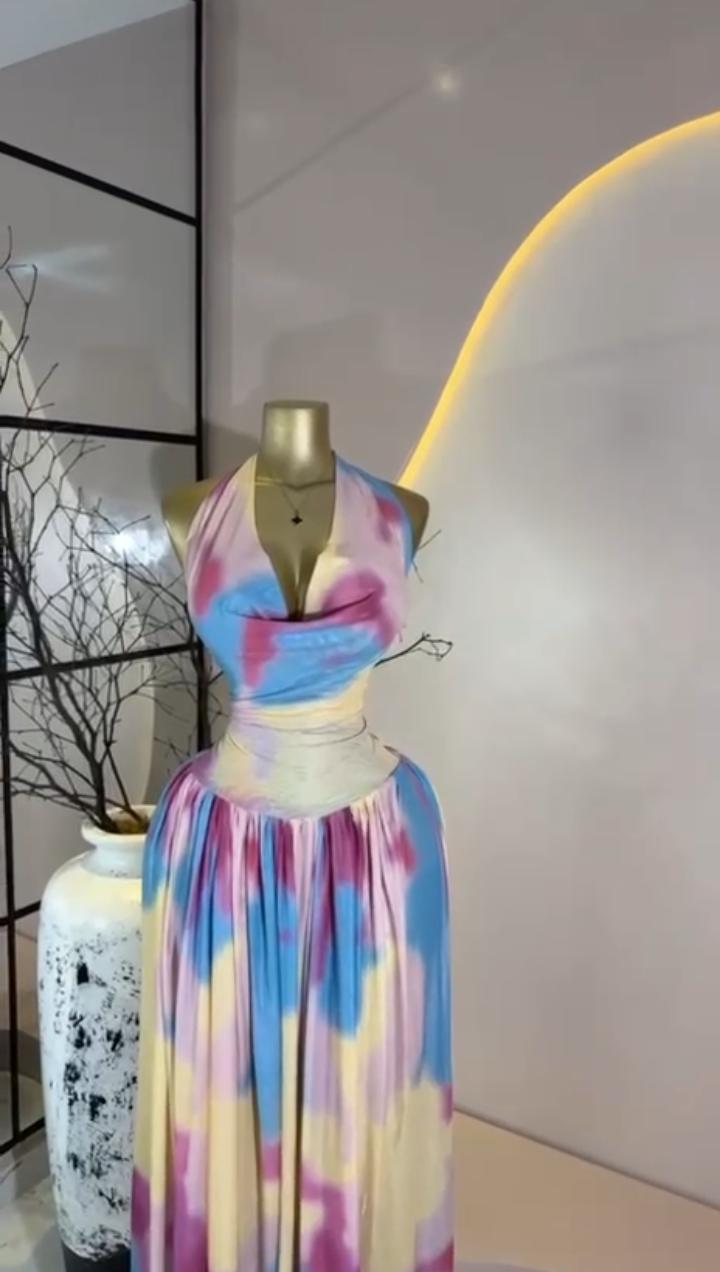 Pastel Tie-Dye Halter Maxi