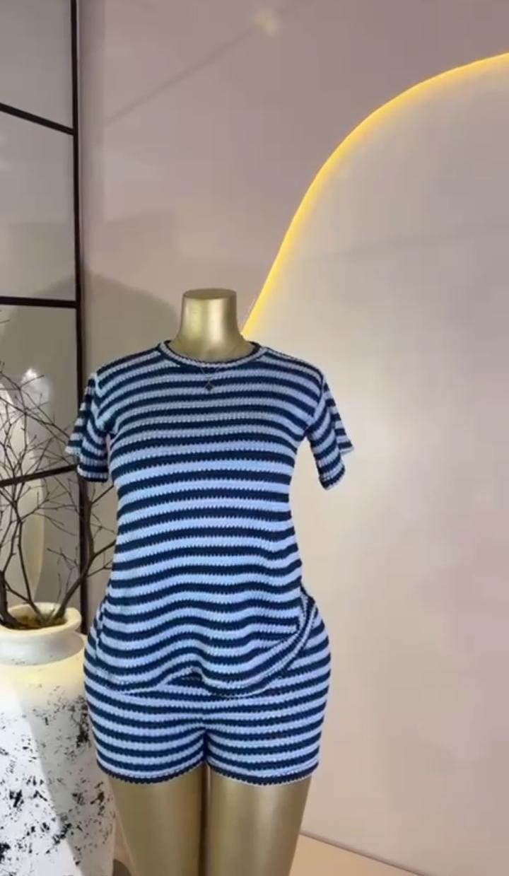 Navy Stripe Short Set