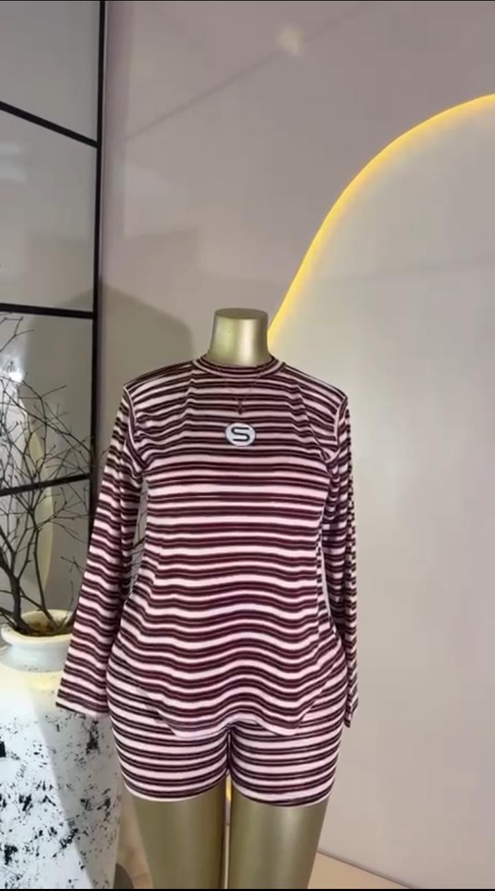 Maroon Stripe Short Set
