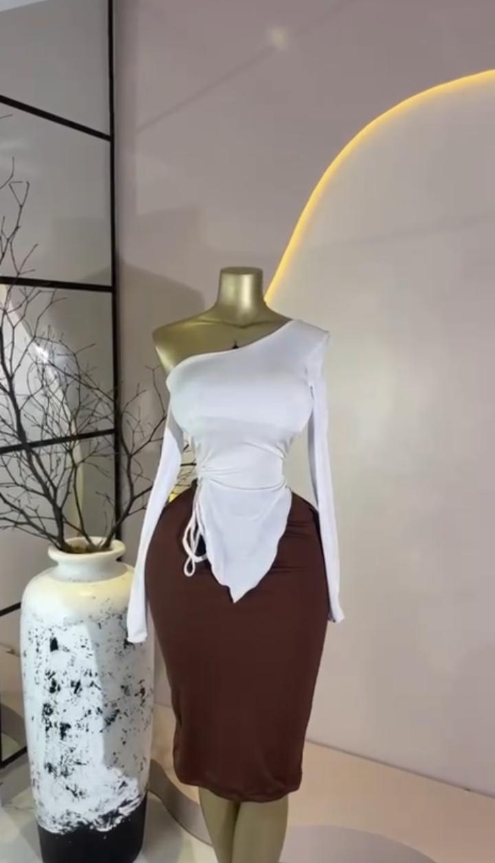 One-Shoulder Ruche & Brown Set