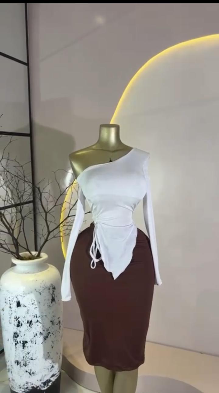 One-Shoulder Ruche & Brown Set