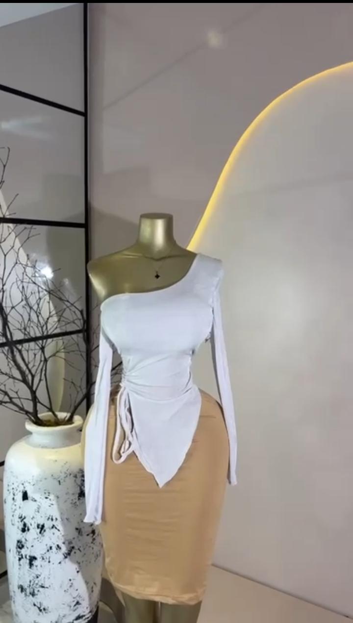 One-Shoulder Ruche & Camel Set
